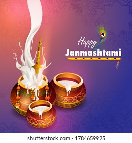 easy to edit vector illustration of Happy Krishna Janmashtami Dahi Handi meaning cream and pot Indian festival celebration background