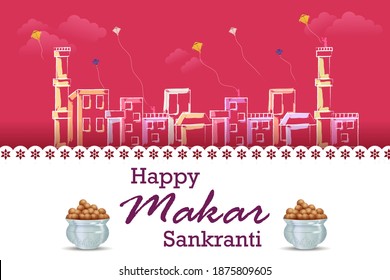 easy to edit vector illustration of Happy Makar Sankranti background with colorful kite