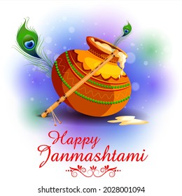 easy to edit vector illustration of Happy Krishna Janmashtami Dahi Handi meaning cream and pot Indian festival celebration background