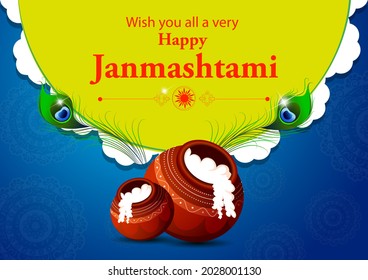 easy to edit vector illustration of Happy Krishna Janmashtami Dahi Handi meaning cream and pot Indian festival celebration background