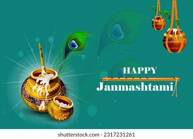 easy to edit vector illustration of Happy Krishna Janmashtami Dahi Handi meaning cream and pot Indian festival celebration background