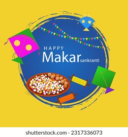 easy to edit vector illustration of Happy Makar Sankranti background with colorful kite