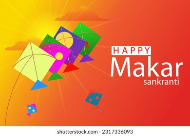 leicht zu bearbeiten Vektorgrafik von Happy Makar Sankranti Hintergrund mit buntem Drachen