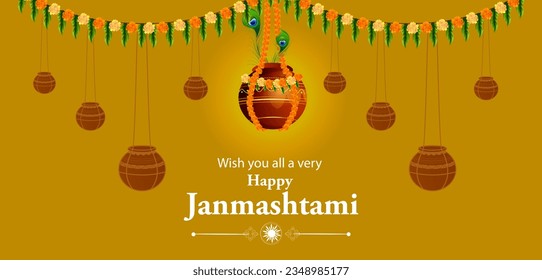 easy to edit vector illustration of Happy Krishna Janmashtami Dahi Handi meaning cream and pot Indian festival celebration background