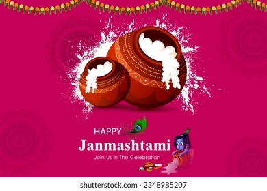 easy to edit vector illustration of Happy Krishna Janmashtami Dahi Handi meaning cream and pot Indian festival celebration background