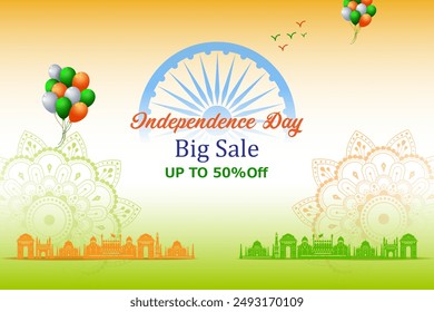 Vektorillustration von Happy Independence Day of India Tricolor Great Indian Sale and Promotion Background für Werbung vom 15. August