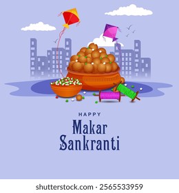 easy to edit vector illustration of Happy Makar Sankranti background with colorful kite