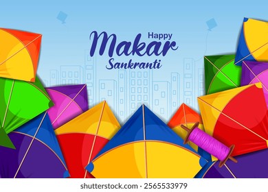 easy to edit vector illustration of Happy Makar Sankranti background with colorful kite