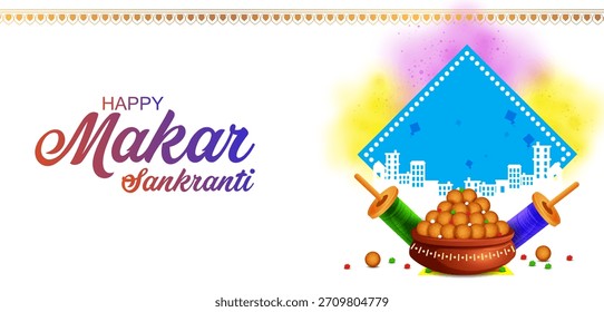 fácil de editar Ilustración vectorial de fondo feliz Makar Sankranti con cometa colorida