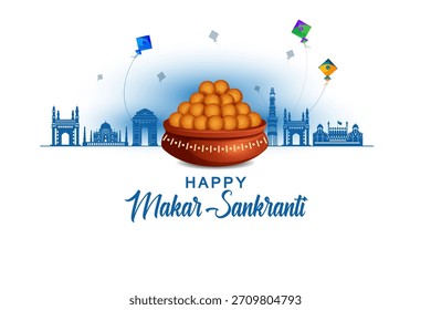 fácil de editar Ilustración vectorial de fondo feliz Makar Sankranti con cometa colorida