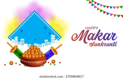 fácil de editar Ilustración vectorial de fondo feliz Makar Sankranti con cometa colorida