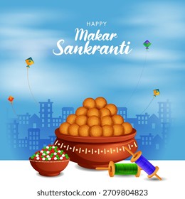 fácil de editar Ilustración vectorial de fondo feliz Makar Sankranti con cometa colorida