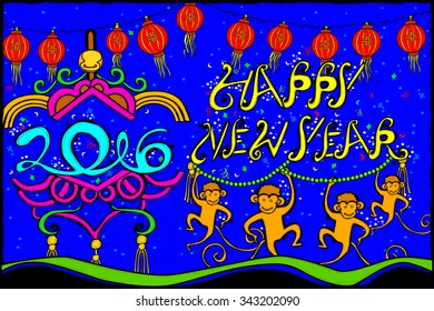 easy to edit vector illustration of Happy New Year with monkey for 2016