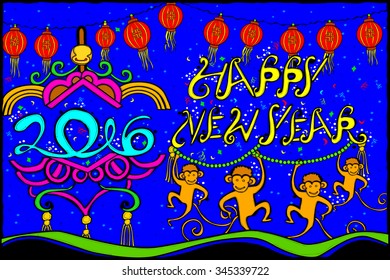 easy to edit vector illustration of Happy New Year with monkey for 2016