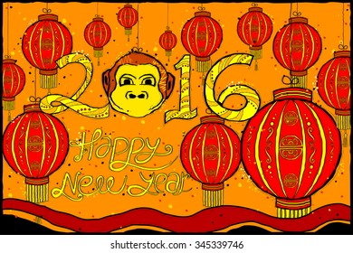 easy to edit vector illustration of Happy New Year with monkey for 2016