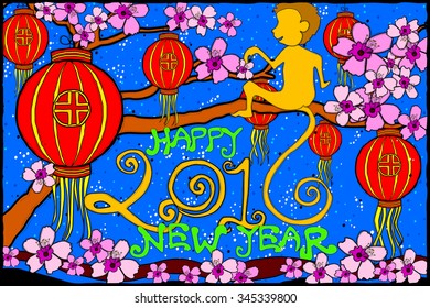 easy to edit vector illustration of Happy New Year with monkey for 2016