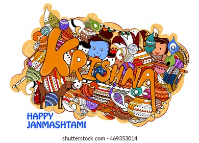 easy to edit vector illustration of Happy Krishna Janmashtami doodle background