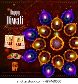 easy to edit vector illustration of Happy Diwali shopping sale offer with decorated diya for India festival