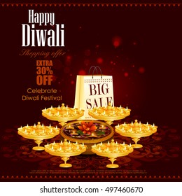 easy to edit vector illustration of Happy Diwali shopping sale offer with decorated diya for India festival