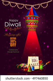 Easy To Edit Vector Illustration Of Happy Diwali Shopping Sale Offer With Hanging Lamp And Fire Cracker For India Festival