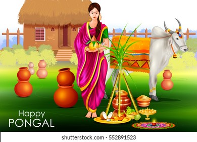 easy to edit vector illustration of Happy Pongal festival of Tamil Nadu India background