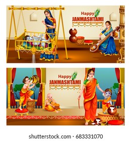 easy to edit vector illustration of Happy Krishna Janmashtami greeting background