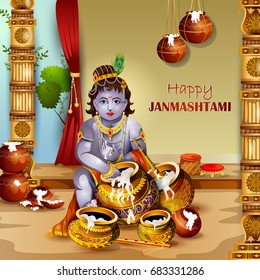 easy to edit vector illustration of Happy Krishna Janmashtami greeting background
