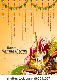 easy to edit vector illustration of Happy Krishna Janmashtami Dahi Handi meaning cream and pot background
