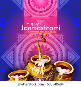 easy to edit vector illustration of Happy Krishna Janmashtami Dahi Handi meaning cream and pot background