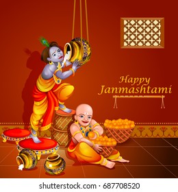 easy to edit vector illustration of Happy Krishna Janmashtami greeting background