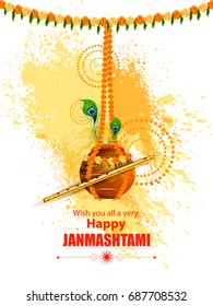 easy to edit vector illustration of Happy Krishna Janmashtami Dahi Handi meaning cream and pot background