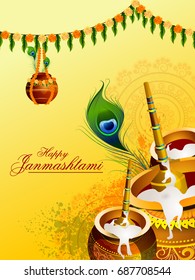 easy to edit vector illustration of Happy Krishna Janmashtami Dahi Handi meaning cream and pot background