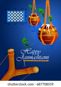 easy to edit vector illustration of Happy Krishna Janmashtami Dahi Handi meaning cream and pot background