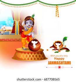 easy to edit vector illustration of Happy Krishna Janmashtami greeting background