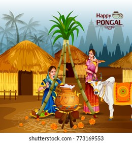 easy to edit vector illustration of Happy Pongal festival of Tamil Nadu India background