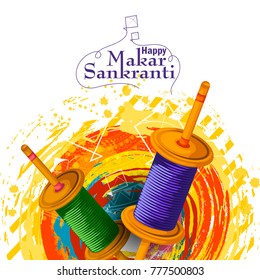 easy to edit vector illustration of Happy Makar Sankranti background with colorful kite spool