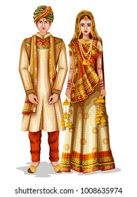 easy to edit vector illustration of Haryanvi wedding couple in traditional costume of Haryana, India