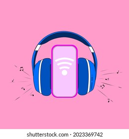 Auriculares y un smartphone, un diseño de banner conceptual para un servicio de streaming de música. Acercamiento. Vector