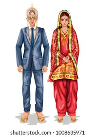 easy to edit vector illustration of Himachali wedding couple in traditional costume of Himachal Pradesh, India