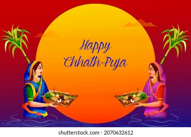 easy to edit vector illustration of holiday background of traditional Chhath Festival of Bihar, Bengal and Nepal