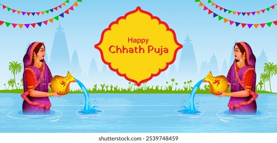 easy to edit vector illustration of holiday background of traditional Chhath Festival of Bihar, Bengal and Nepal