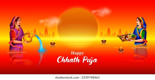 fácil de editar Ilustración vectorial del fondo de vacaciones del tradicional Festival Chhath de Bihar, Bengala y Nepal