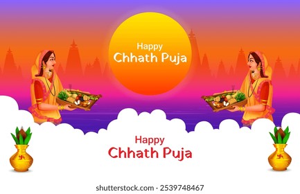 easy to edit vector illustration of holiday background of traditional Chhath Festival of Bihar, Bengal and Nepal