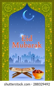 easy to edit vector illustration of holy book Koran in Eid Mubarak (Happy Eid) background