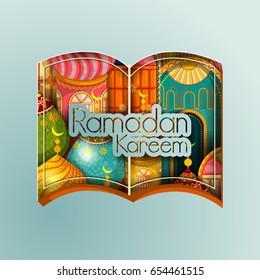 easy to edit vector illustration of holy book Koran in Ramadan Kareem ( Happy Eid ) background