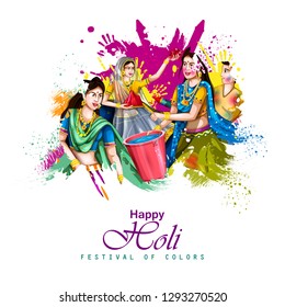 easy to edit vector illustration of Indian people playing colorful Happy Hoil background for festival of colors in India