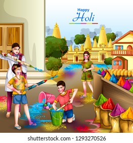 easy to edit vector illustration of Indian people playing colorful Happy Hoil background for festival of colors in India