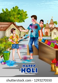 easy to edit vector illustration of Indian people playing colorful Happy Hoil background for festival of colors in India