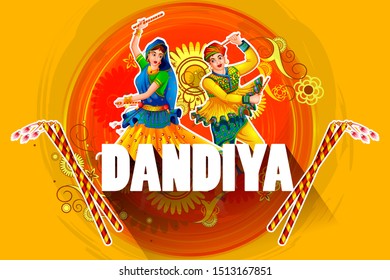 easy to edit vector illustration of Indian people dancing Garba dance for Dandiya Disco Night event on Navratri Dussehra festival of India