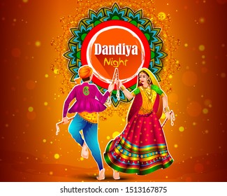 easy to edit vector illustration of Indian people dancing Garba dance for Dandiya Disco Night event on Navratri Dussehra festival of India
